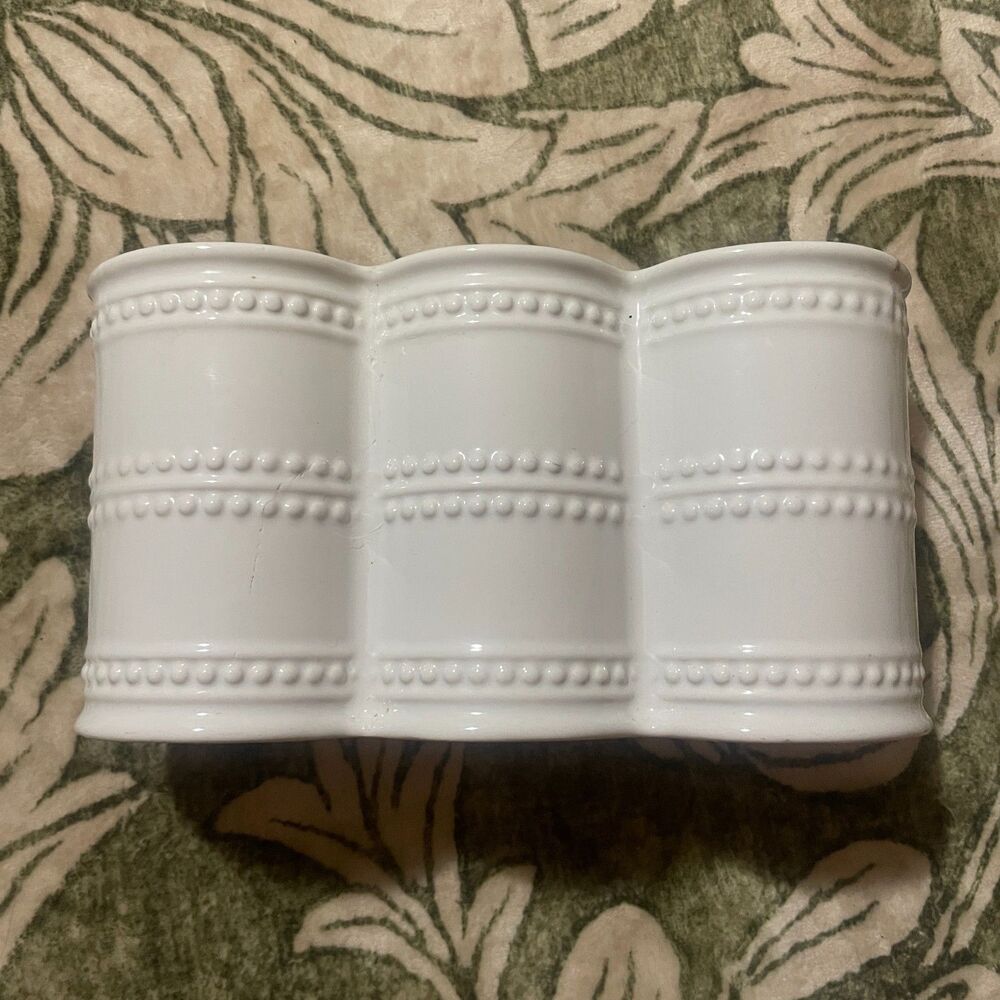 Vintage White Nantucket Home Ceramic Utensil Holder with Beaded Trim Farmhouse